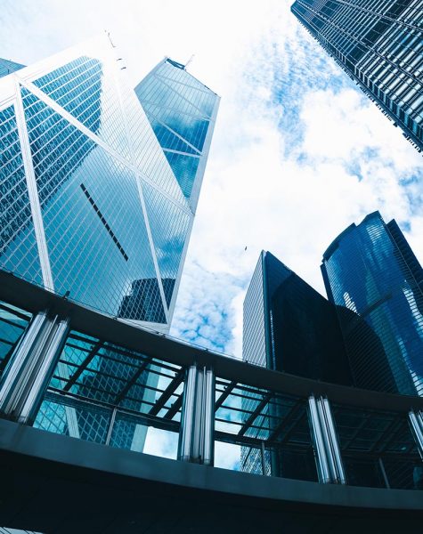 skyscraper building in Hong Kong, city view in blue filter